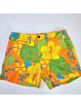 Polo Ralph Lauren Shorts Womens 2 Orange Linen Blend Tropical Beachy Preppy